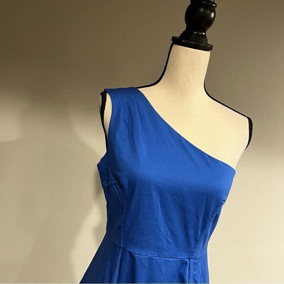 One shoulder navy fitted dress with pockets - Picture 2 of 13